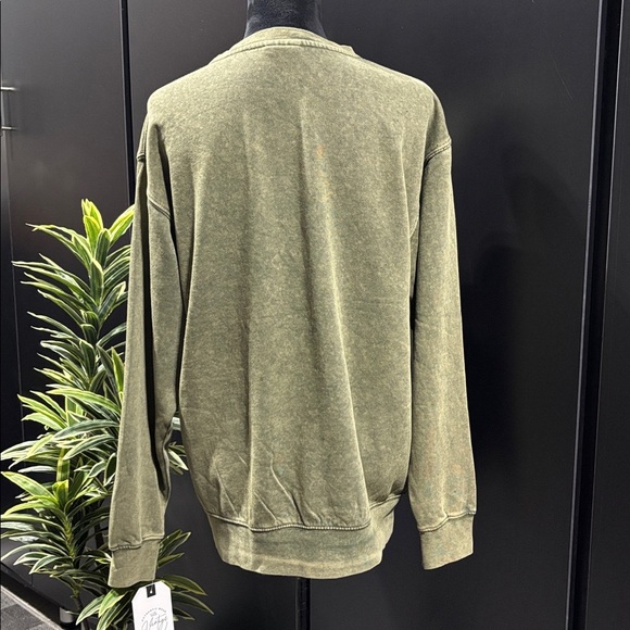 U.S. Vintage Fleece lined pullover sweatshirt, skull & raised roses,washed olive - Picture 4 of 9